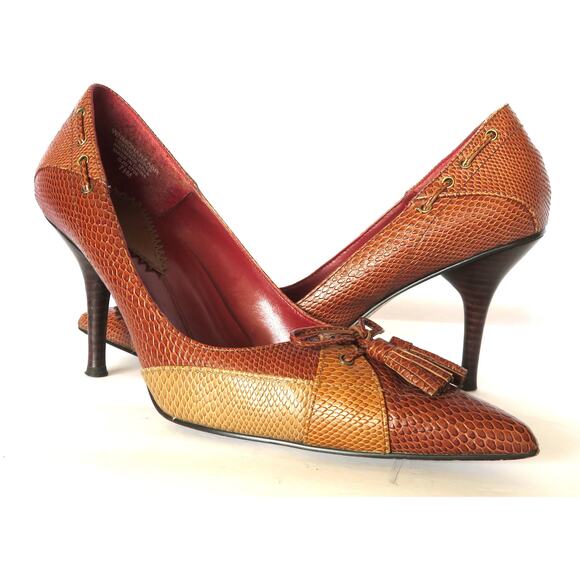 NINE WEST Women 7.5 Tan Brown Snake Embossed Leather High Heeled Pumps Shoes - Picture 1 of 11